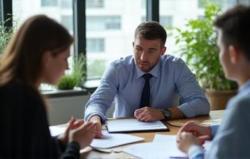 Compliance consultant reviewing policies with team